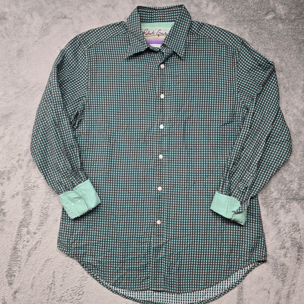 Robert Graham Micro Check Button Down Shirt Mens M Brown Turquoise Long Sleeve